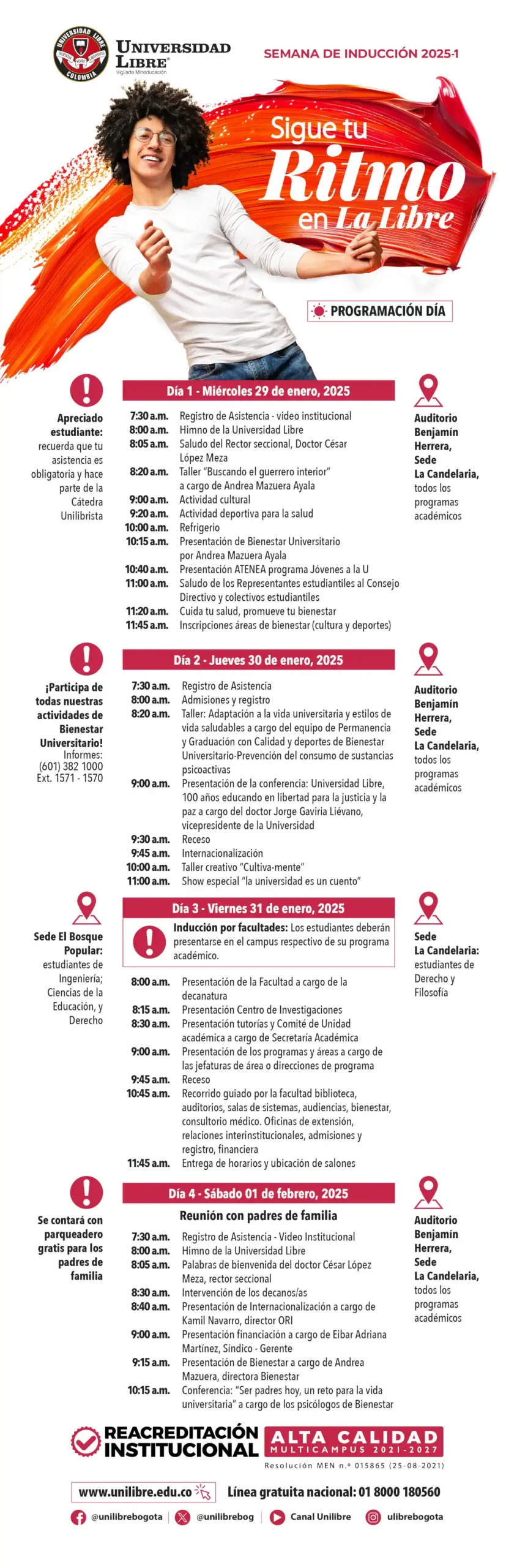 Horarios inducción en el día, 29 enero a 1 febrero.