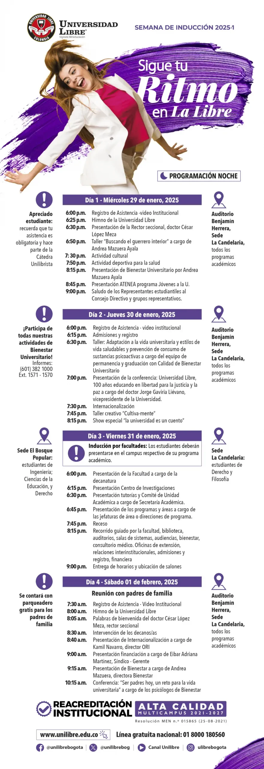 Horarios inducción en la noche, 29 enero a 1 febrero.